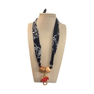 (#150) Navy Blue Bandana Necklace with Mushroom Pendant